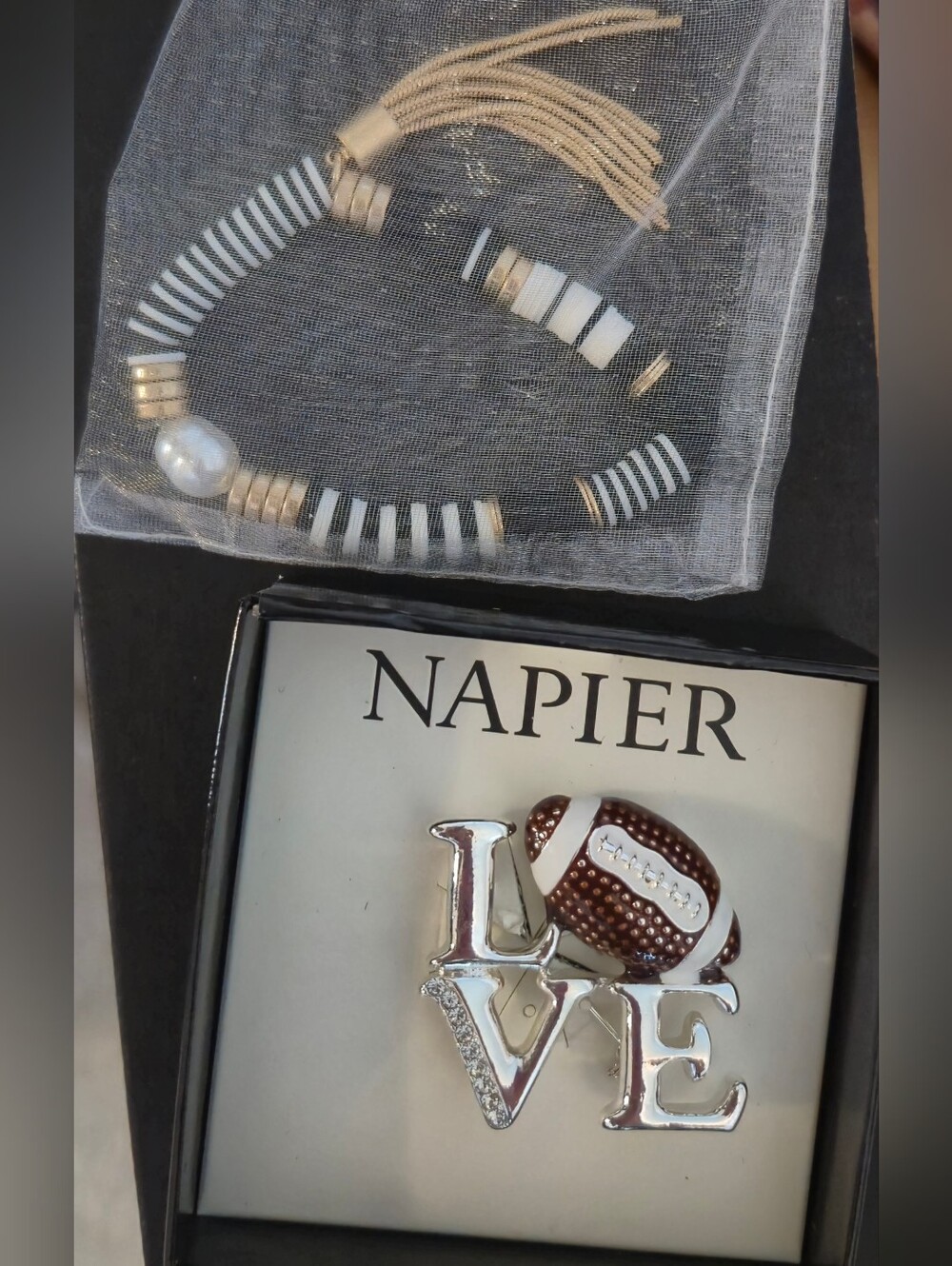 Napier Silver-tone LOVE Brooch with Brown and White Football Accent - Picture 2 of 2